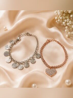 🎀 Set of 2 🎀 Ankle Bracelets Silver Coins Bellydancing Style & Rose Gold Heart